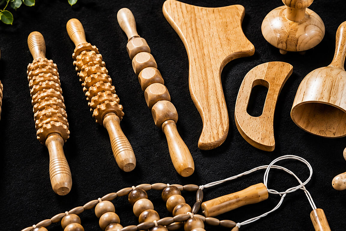 Brazilian Lymphatic Drainage & Wood Therapy Wood therapy tools used for Brazilian lymphatic drainage, sculpting and contouring massage at NOVO Therapy Glasgow.